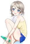  1girl bangs blue_eyes blush bottle breasts eyebrows_visible_through_hair grey_hair hair_between_eyes knees_up looking_at_viewer love_live! love_live!_sunshine!! medium_breasts open_mouth ramune rozen5 short_hair short_shorts shorts simple_background sitting solo sweat tagme towel towel_around_neck watanabe_you 