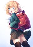  1girl :o akashio_(loli_ace) ass backpack bag bangs black_legwear black_skirt blazer blonde_hair blue_background blue_eyes blush commentary_request eyebrows_visible_through_hair girls_und_panzer gradient gradient_background green_blazer hair_between_eyes highres jacket katyusha looking_at_viewer looking_to_the_side neckerchief open_mouth pleated_skirt randoseru skirt solo thigh-highs white_background white_neckwear 