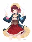  1girl atelier_(series) atelier_sophie bangs blue_coat blush breasts brown_eyes brown_hair closed_mouth coat collarbone commentary_request corset cowboy_shot eyebrows_visible_through_hair frilled_skirt frills hands_up head_scarf holding jewelry long_sleeves open_clothes open_coat pendant pleated_skirt puririn red_skirt round-bottom_flask shirt signature skirt small_breasts smile smoke solo sophie_neuenmuller twitter_username white_shirt wide_sleeves 