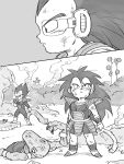  2boys armor black_eyes black_hair boots close-up comic dirty dirty_clothes dirty_face dragon_ball eating expressionless full_body grey_background greyscale highres long_hair looking_away looking_up male_focus monochrome multiple_boys outdoors profile raditz scouter silent_comic simple_background smoke standing tail tkgsize upper_body vegeta younger 