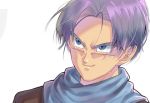  1boy blue_eyes blue_neckwear blurry close-up dragon_ball face happy looking_away male_focus neckerchief purple_hair shaded_face short_hair simple_background smile tarutobi trunks_(dragon_ball) upper_body white_background 