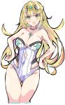  1girl angry bangs bare_shoulders blonde_hair blush breasts cleavage enpe highres mythra_(xenoblade) jewelry large_breasts long_hair looking_at_viewer nintendo one-piece_swimsuit simple_background solo swimsuit white_background xenoblade_(series) xenoblade_2 yellow_eyes 