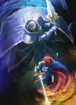  2boys armor aura battle blonde_hair blue_cape blue_fire cape clenched_teeth fighting fire fire_emblem fire_emblem:_fuuin_no_tsurugi from_above gauntlets glowing glowing_weapon greatsword headband high_collar illustman_(u_ip8s) looking_at_another multiple_boys nintendo redhead roy_(fire_emblem) short_hair shoulder_armor sword teeth weapon zephiel 