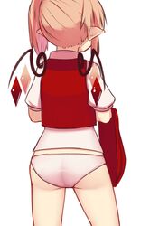  1girl ass blonde_hair commentary cowboy_shot crystal flandre_scarlet highres holding holding_skirt no_hat no_headwear no_pants panties pointy_ears puffy_short_sleeves puffy_sleeves red_skirt red_vest shirt short_hair short_sleeves side_ponytail simple_background skirt skirt_removed solo standing thighs touhou underwear vest white_background white_panties white_shirt wings yoruny 