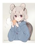  1girl akagashi_hagane alternate_costume animal_ears bangs blue_jacket blush breath casual chair contemporary cup eyebrows_visible_through_hair grey_background grey_hair hair_between_eyes hair_tie hands_up holding holding_cup jacket long_sleeves looking_at_viewer mouse_ears mug nazrin parted_lips red_eyes short_hair simple_background sitting smile solo touhou turtleneck upper_body 