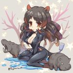  1girl animal animal_ears between_legs black_bodysuit black_hair bodysuit breasts cleavage closed_mouth extra_ears fujimaru_(green_sparrow) hand_between_legs hippopotamus hippopotamus_(kemono_friends) hippopotamus_ears kemono_friends large_breasts long_hair looking_at_viewer lowres multicolored_hair orange_eyes redhead sitting smile solo star twitter_username two-tone_hair water 