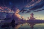  1girl clouds commentary english_commentary facing_away from_behind god horizon original reflection short_hair sitting sky solo star_(sky) starry_sky twilight water watermark web_address wenqing_yan 