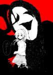  1girl arms_behind_back bangs black_background commentary eguchi_saan hair_over_eyes highres long_sleeves looking_at_viewer ponytail simple_background skirt solo speech_bubble standing translated uboa yume_nikki 
