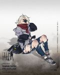  1girl bag bruise bullpup covering_face duffel_bag full_body girls_frontline gloves gun highres injury jacket p90 p90_(girls_frontline) panties pants panty_peek pink_panties platinum_blonde rainbow_six_siege scarf sitting sola7764 solo submachine_gun torn_clothes torn_pants underwear weapon 