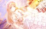  1girl 2018 arm_strap artist_name bangs bare_shoulders blonde_hair blurry blush bouquet breasts bridal_veil bride choker cleavage closed_mouth clouds cloudy_sky collarbone commentary_request dated depth_of_field dress dutch_angle eyebrows eyebrows_visible_through_hair flower girlfriend_(kari) glint highres holding holding_bouquet jewelry large_breasts long_hair looking_at_viewer masa_(mirage77) multicolored multicolored_sky necklace outdoors petals pink_flower pink_rose railing red_eyes rose sasahara_nonoka sky smile solo standing strapless strapless_dress veil wallpaper wedding_dress white_dress white_flower white_neckwear white_rose 