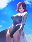  1girl black_swimsuit blue_sky breasts closed_mouth clouds coat covered_navel cowboy_shot creatures_(company) day game_freak gomibukurokarasu groin highres labcoat large_breasts looking_at_viewer nintendo one-piece_swimsuit open_clothes open_coat outdoors pokemon pokemon_(anime) purple_hair short_hair sky smile solo swimsuit uchikido_(pokemon) violet_eyes water wet white_coat 