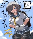  1girl artist_request blue_eyes blue_sky blush breasts clouds collarbone gloves hair_ornament hairclip hamakaze_(kantai_collection) hands_on_own_stomach kantai_collection large_breasts pantyhose short_hair silver_hair sky stomach_ache stomach_growling stomachache translated tsuzuri_(tuzuri) 