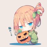  1girl :t bangs barefoot beni_shake blue_eyes blue_skirt blush brown_background brown_hair chibi closed_mouth commentary_request eyebrows_visible_through_hair green_hoodie hair_between_eyes hair_ornament head_tilt hood hood_down hoodie jack-o&#039;-lantern object_hug one_side_up original pleated_skirt pout sitting skirt solo translated v-shaped_eyebrows 