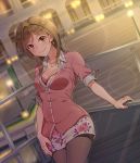  1girl blush breasts brown_eyes brown_hair brown_legwear cleavage closed_mouth collarbone earrings idolmaster idolmaster_million_live! jewelry kamille_(vcx68) large_breasts looking_at_viewer medium_hair momose_rio necklace pantyhose smile solo 