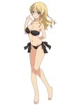  1girl alternate_costume alternate_hairstyle arm arm_behind_back bangs bare_arms bare_legs bare_shoulders barefoot bikini black_swimsuit blonde_hair blue_eyes blush breasts cleavage closed_mouth collarbone commentary_request darjeeling eyebrows_visible_through_hair feet female floating_hair full_body girls_und_panzer hair_between_eyes hair_down hand_up highres legs light_smile long_hair looking_at_viewer medium_breasts midriff navel neck o-ring o-ring_bikini o-ring_swimsuit o-ring_top side-tie_bikini sidelocks simple_background solo sonasiz standing strapless strapless_bikini strapless_swimsuit swimsuit white_background 