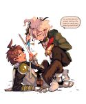  2boys absurdres ahoge alternate_costume arm_support armor artist_name brown_hair brown_pants bruise bruise_on_face crown dangan_ronpa_(series) dangan_ronpa_2:_goodbye_despair english_commentary english_text eye_contact gauntlets grey_hair grin hair_between_eyes hand_up highres hinata_hajime holding holding_sword holding_weapon injury knees_up komaeda_nagito long_sleeves looking_at_another lying male_focus multiple_boys nena_(nenanugget) on_back one_knee pants simple_background smile speech_bubble sweat sword teeth weapon white_background 