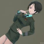  1girl akagi_(fmttps) artist_name bangs black_eyes black_hair black_neckwear brown_background character_name chouno_ami closed_mouth commentary dress_shirt dutch_angle finger_to_face girls_und_panzer green_jacket green_shirt green_skirt hand_on_hip jacket japan_ground_self-defense_force japan_self-defense_force light_smile lips long_sleeves looking_at_viewer military military_uniform miniskirt necktie pantyhose pencil_skirt sheer_legwear shirt short_hair simple_background skirt solo standing swept_bangs twitter_username uniform 