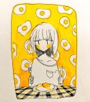  1girl bangs blush_stickers checkered clenched_hand commentary eguchi_saan fork fried_egg greyscale highres knife marker_(medium) monochrome off-shoulder_shirt original pen_(medium) photo plate shirt short_hair solo table table_cloth traditional_media yellow_blush 