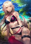  1girl absurdres artist_name beach belt bikini black_bikini blue_sky breasts dappled_sunlight day fate/grand_order fate_(series) highres jeanne_d&#039;arc_(alter)_(fate) jeanne_d&#039;arc_(fate)_(all) long_hair medium_breasts navel o-ring outdoors red_legwear reiseei sitting sky solo sunlight swimsuit thigh_strap tree very_long_hair water 