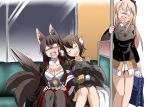  3girls akagi_(azur_lane) animal_ear_fluff animal_ears azur_lane black_hair black_kimono blonde_hair blood breasts brown_hair cleavage closed_eyes commentary_request crossover epaulettes fox_ears fox_tail goggles goggles_on_head hanna-justina_marseille horns injury japanese_clothes kimono kitsune large_breasts long_hair mikasa_(azur_lane) military military_uniform multiple_girls multiple_tails open_mouth pantyhose sitting skirt sleeping standing steed_(steed_enterprise) straight_hair strike_witches surprised tail uniform very_long_hair world_witches_series 