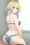    1girl aqua_bra aqua_panties aslindsamure ass back bangs banned_artist bare_shoulders blonde_hair blush bra breasts butt_crack cute fire_emblem fire_emblem_heroes fjorm_(fire_emblem) gradient_hair green_eyes grey_hair highleg highleg_panties highres intelligent_systems large_breasts looking_at_viewer looking_back multicolored_hair nintendo panties parted_lips short_hair solo swept_bangs thighs tomboy underwear 