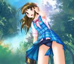  1girl :o antenna_hair bad_arm bag blue_dress blue_sky blush braid brown_eyes brown_hair day dress from_below handbag katsuragi_ayane long_hair looking_at_viewer neopure outdoors plaid plaid_dress school_swimsuit short_sleeves sidelocks sky swimsuit swimsuit_under_clothes tree true_love_story 