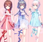  3girls ahoge bangs black_hair blue_bow blue_dress blue_eyes blue_flower blue_hairband blue_ribbon blush bow breasts brown_hair chi_yei choker closed_mouth commentary_request dress eyebrows_visible_through_hair flower green_eyes hair_between_eyes hair_flower hair_ornament hair_rings hairband hand_up leg_ribbon long_hair luo_tianyi multiple_girls pink_background red_bow red_eyes red_flower red_ribbon ribbon ribbon_choker sample see-through short_hair short_shorts short_sleeves shorts silver_hair small_breasts smile very_long_hair vocaloid vocanese white_dress white_shorts yanhe yuezheng_ling 