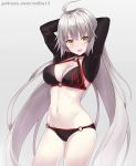  1girl :d ahoge arms_behind_head arms_up artist_name bangs bikini black_bikini black_choker blush breasts choker cleavage collarbone cowboy_shot eyebrows_visible_through_hair fate/grand_order fate_(series) flame_print grey_background grey_hair groin hair_between_eyes head_tilt highres jeanne_d&#039;arc_(alter_swimsuit_berserker) jeanne_d&#039;arc_(fate)_(all) large_breasts long_hair looking_at_viewer navel o-ring o-ring_bikini o-ring_bottom o-ring_top open_mouth pale_skin patreon_username print_bikini shiny shiny_hair shrug_(clothing) sidelocks simple_background smile solo standing stomach swimsuit v-shaped_eyebrows very_long_hair vodka13 watermark web_address yellow_eyes 