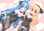  2girls :d ;d animal_ear_fluff animal_ears bangs bare_shoulders black_footwear black_gloves black_hairband black_leotard black_neckwear black_ribbon blonde_hair blue_eyes blue_hair blush bow bowtie breasts brown_legwear cat_ears cat_girl cat_tail catsuit cleavage commentary_request detached_collar dutch_angle elbow_gloves eyebrows_visible_through_hair fang gloves hair_between_eyes hair_ribbon hairband hands_clasped kanijiru large_breasts leotard long_hair medium_breasts multiple_girls one_eye_closed open_mouth original own_hands_together pantyhose red_eyes ribbon shoes signature smile standing standing_on_one_leg strapless strapless_leotard tail twitter_username very_long_hair white_collar wrist_cuffs 