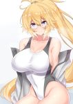  1girl bangs bare_shoulders blonde_hair blue_eyes blush breasts cleavage closed_mouth collarbone competition_swimsuit covered_navel fate/grand_order fate_(series) glasses grey_swimsuit hair_between_eyes highleg highleg_swimsuit highres hips jacket jeanne_d&#039;arc_(fate)_(all) jeanne_d&#039;arc_(swimsuit_archer) large_breasts long_hair looking_at_viewer off_shoulder one-piece_swimsuit open_clothes open_jacket ponytail sankakusui shiny shiny_hair simple_background smile solo swimsuit two-tone_swimsuit very_long_hair waist white_background white_jacket white_swimsuit 