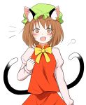  1girl animal_ears artist_request blush brown_eyes brown_hair cat_ears cat_tail chen ear_piercing eyebrows_visible_through_hair green_hat hat highres long_sleeves looking_at_viewer multiple_tails open_mouth piercing red_skirt ribbon round_teeth short_hair skirt solo tail teeth touhou two_tails upper_body wide-eyed yellow_ribbon 