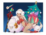  1girl absurdres altera_(fate) altera_the_santa animal bare_shoulders bell choker christmas_tree closed_mouth dark_skin detached_sleeves earmuffs fate/grand_order fate_(series) gift gloves head_tilt headdress highres leg_tattoo legs looking_to_the_side midriff navel photon_ray rainbow red_eyes red_footwear revealing_clothes sheep shiny shiny_skin short_hair smile socks solo stomach tan tattoo thighs veil warum white_hair 
