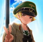  1girl black_neckwear blonde_hair blue_sky blurry blurry_foreground bow bowtie brown_eyes brown_jacket closed_mouth clouds cloudy_sky commentary curtains day depth_of_field erwin_(girls_und_panzer) girls_und_panzer goggles goggles_on_headwear green_hat half-closed_eyes hat indoors jacket light_particles long_sleeves looking_at_viewer military_hat military_jacket ooarai_school_uniform open_clothes open_jacket peaked_cap pointy_hair portrait short_hair sky smile solo sonasiz v window 