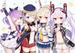  4girls ;d animal_ears arm_up ayanami_(azur_lane) azur_lane bandaid bangs bare_shoulders beret bikini_top black_gloves black_hairband black_jacket black_legwear blue_background blue_eyes blue_hat blue_skirt blush braid breasts commentary_request confetti crop_top dress eyebrows_visible_through_hair gloves green_eyes hair_between_eyes hairband hat headphones headphones_around_neck index_finger_raised jacket javelin_(azur_lane) koko_ne_(user_fpm6842) laffey_(azur_lane) light_brown_hair long_hair looking_at_viewer medium_breasts midriff multiple_girls one_eye_closed open_clothes open_jacket open_mouth parted_lips pleated_dress pleated_skirt ponytail purple_hair rabbit_ears red_eyes red_skirt remodel_(azur_lane) school_uniform serafuku shirt silver_hair simple_background skirt sleeveless sleeveless_shirt smile thigh-highs twintails very_long_hair white_bikini_top white_dress white_legwear white_shirt white_skirt yellow_neckwear z23_(azur_lane) 