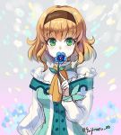 1girl bangs blonde_hair blue_flower breasts brown_hairband cravat eyebrows_visible_through_hair flower fujimaru_(green_sparrow) green_eyes hairband holding holding_flower long_sleeves lowres medium_breasts natalia_luzu_kimlasca_lanvaldear short_hair solo tales_of_(series) tales_of_the_abyss twitter_username upper_body yellow_neckwear 