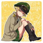 1girl black_footwear black_neckwear blonde_hair boots bow bowtie brown_eyes brown_jacket character_name closed_mouth erwin_(girls_und_panzer) from_side full_body girls_und_panzer goggles goggles_on_headwear green_hat half-closed_eyes hand_on_own_knee hat head_tilt iron_cross jacket leaning_forward long_sleeves looking_at_viewer military_hat military_jacket ooarai_school_uniform open_clothes open_jacket outline peaked_cap pointy_hair scribble short_hair sitting smile solo sonasiz yellow_background 