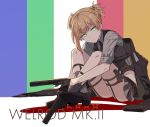  1girl braid character_name eyebrows_visible_through_hair french_braid girls_und_panzer green_eyes grey_skirt jacket jacket_removed long_hair looking_at_viewer midriff ningen_(ningen96) short_hair skirt solo thigh_strap thighs very_long_hair welrod_mk2 welrod_mk2_(girls_frontline) 