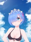  1girl bangs bare_arms bare_shoulders bikini black_bikini blue_sky blunt_bangs blush breasts closed_mouth clouds commentary_request day eyebrows_visible_through_hair eyes_visible_through_hair hair_over_one_eye halterneck highres looking_at_viewer maid_headdress medium_breasts outdoors re:zero_kara_hajimeru_isekai_seikatsu rem_(re:zero) sky solo swimsuit upper_body weill 