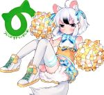  1girl alternate_costume anteater_ears anteater_tail bare_shoulders black_hair blush bow bowtie cheerleader commentary_request crop_top extra_ears eyebrows_visible_through_hair hair_bow ichi001 japari_symbol kemono_friends kemono_friends_festival multicolored_hair pleated_skirt pom_poms short_hair shorts shorts_under_skirt skirt sleeveless solo southern_tamandua_(kemono_friends) thigh-highs translated white_hair zettai_ryouiki 