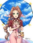  1girl :d aerith_gainsborough black_ribbon breasts brown_hair buttons chocobo cleavage clouds cropped_jacket dress drill_hair eyebrows_visible_through_hair final_fantasy final_fantasy_vii fujimaru_(green_sparrow) green_eyes hair_intakes hair_ribbon holding holding_umbrella jacket long_hair looking_at_viewer lowres medium_breasts moogle neck_ribbon open_mouth over_shoulder pink_dress pink_ribbon red_jacket ribbon ringlets short_sleeves smile solo twitter_username umbrella 