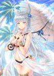  1girl animal_ears artist_name bare_shoulders bikini blue_bow blue_flower blue_rose blue_sky blush bow breasts clouds cloudy_sky commentary_request day erune fingernails flower granblue_fantasy hair_flower hair_ornament holding holding_umbrella korwa long_hair looking_at_viewer medium_breasts navel outdoors palm_tree parasol parted_lips rose see-through signature silver_hair sky smile solo standing striped striped_bow sunlight swimsuit tree umbrella very_long_hair villyane white_bikini white_umbrella 