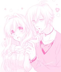  1boy 1girl :o blush cookie dress eating food hair_between_eyes hetero idolish_7 jewelry kujou_tenn long_hair long_sleeves looking_at_viewer minato1026 monochrome necklace pink simple_background takanashi_tsumugi upper_body 