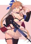  1girl ahoge animal bag battle_rifle black_choker black_jacket black_legwear blue_eyes breasts brown_hair choker cleavage collarbone dress fal_(girls_frontline) feet_out_of_frame ferret fn_fal girls_frontline gun hair_ribbon handbag holding holding_gun holding_weapon jacket large_breasts long_hair one_eye_closed open_mouth peroncho ribbon rifle shiny shiny_hair shiny_skin short_dress simple_background solo standing thigh-highs thighs tied_hair very_long_hair weapon white_dress 