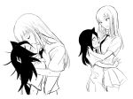  2girls :d bags_under_eyes blush closed_eyes cyber_dragon-kun dress_shirt from_side hand_in_another&#039;s_hair hug katou_asuka kiss kuroki_tomoko long_hair messy_hair monochrome multiple_girls necktie open_mouth profile school_uniform shirt short_sleeves simple_background sketch skirt smile sweat watashi_ga_motenai_no_wa_dou_kangaetemo_omaera_ga_warui! white_background yuri 