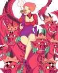  1girl cosplay creature cup fangs frills gloves head_tilt highres horns jewelry legs_crossed looking_at_viewer mother_harlot mother_harlot_(cosplay) multiple_heads necklace okumura_haru persona persona_5 puffy_sleeves riding scales shin_megami_tensei smile truejekart white_background 