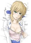  1girl artoria_pendragon_(all) blue_ribbon blue_skirt blush bow bra braid breasts cleavage collarbone elf_(stroll_in_the_woods) eyebrows_visible_through_hair fate/stay_night fate_(series) french_braid graphite_(medium) hair_between_eyes hair_ribbon highres lying medium_breasts open_mouth ribbon saber self_exposure skirt solo traditional_media translated underwear white_background yellow_bra 