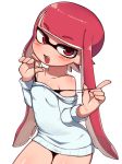  1girl absurdres bare_shoulders blush bra_strap breasts domino_mask eyebrows_visible_through_hair fang half-closed_eyes highres inkling lkll looking_at_viewer mask nintendo off_shoulder open_mouth red_eyes redhead sidelocks small_breasts solo splatoon strap_pull sweater tentacle_hair 