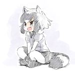  1girl :d animal_ears black_neckwear bow bowtie brown_eyes commentary_request common_raccoon_(kemono_friends) fang full_body fur_collar grey_hair kemono_friends legs_crossed looking_away medium_hair multicolored_hair open_mouth pantyhose panzuban puffy_short_sleeves puffy_sleeves raccoon_ears raccoon_tail short_sleeves simple_background sitting skirt smile solo tail two-tone_hair white_hair 