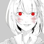  1girl bangs blood blood_on_face collared_shirt commentary_request cuts eguchi_saan grey_background greyscale hair_between_eyes injury long_hair looking_at_viewer monochrome original parted_lips red_eyes shirt simple_background solo spot_color teeth 