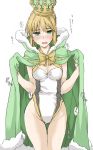  1girl artoria_pendragon_(all) ass_visible_through_thighs blonde_hair blush breasts cape cleavage colored_eyelashes crown elf_(stroll_in_the_woods) eyebrows_visible_through_hair fate/stay_night fate_(series) fur-trimmed_cape fur_trim green_eyes groin highres legs medium_breasts one-piece_swimsuit saber solo sweatdrop swimsuit thigh_gap thighs translated white_background 